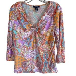 CHAPS‎ Women's Multicolor Colorful Paisley Print V-Neck 3/4 Sleeve Blouse Top LG